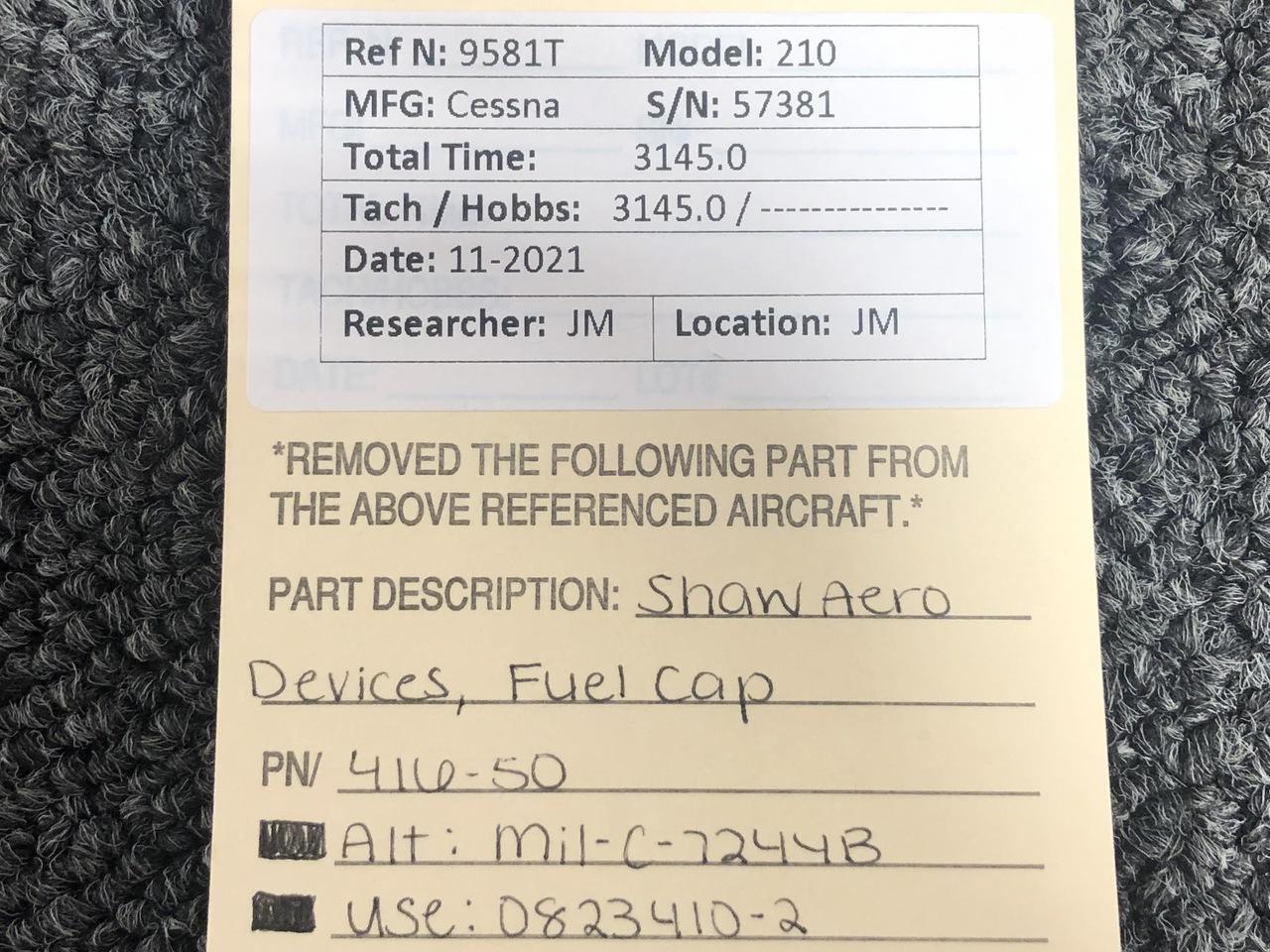 41650 (Use 08234102) Cessna 210 Shaw Aero Devices Fuel Cap Assembly