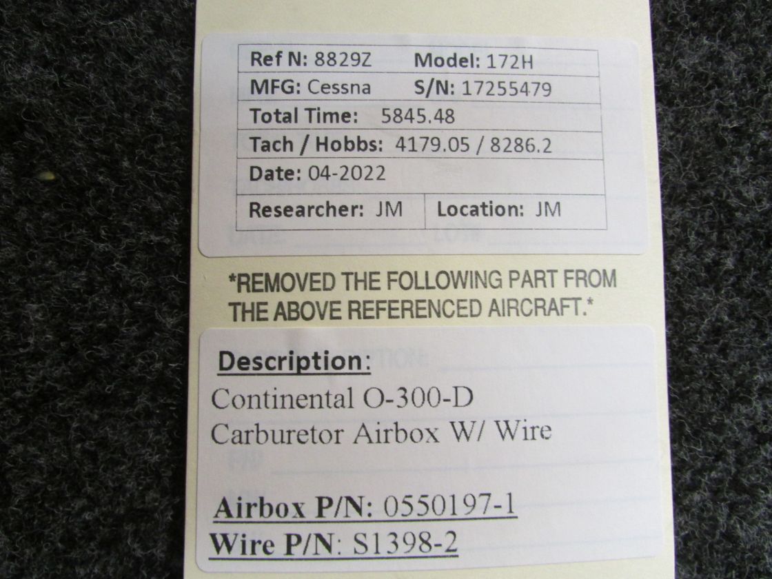 0550197-1, S1398-2 Continental O-300-D Carburetor Airbox Assembly