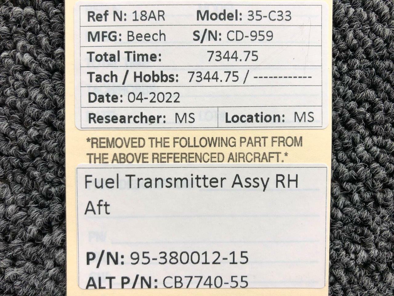 95 15 Alt Cb7740 55 Beechcraft 35 C33 Fuel Transmitter Rh Aft