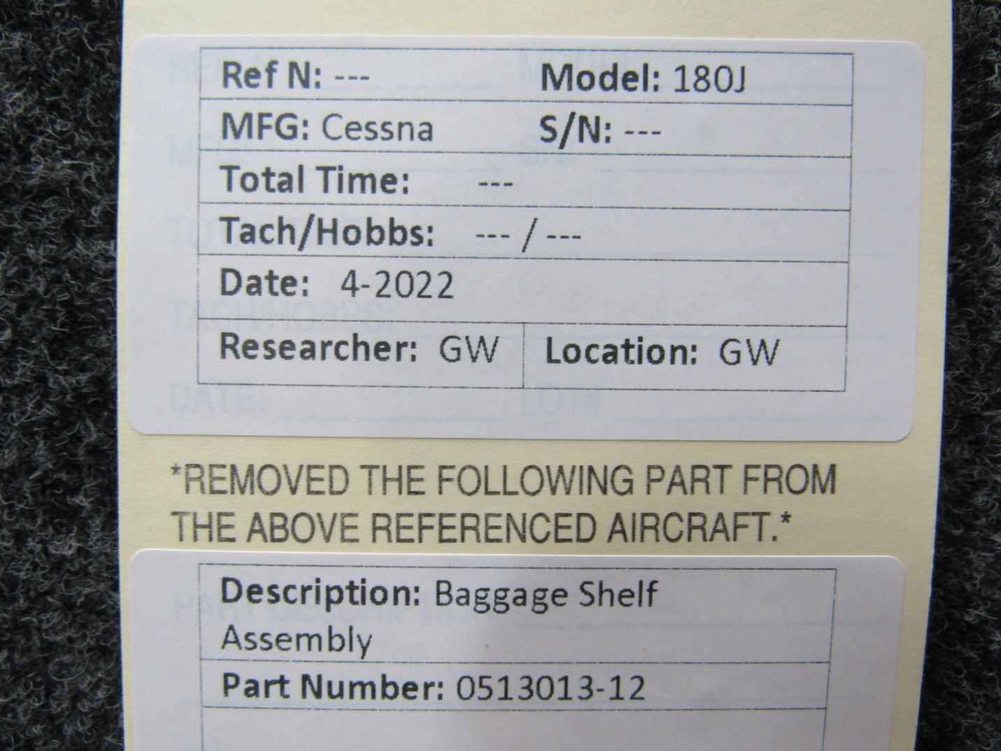 0513013-12 Cessna 180J Baggage Shelf Assembly (M22)