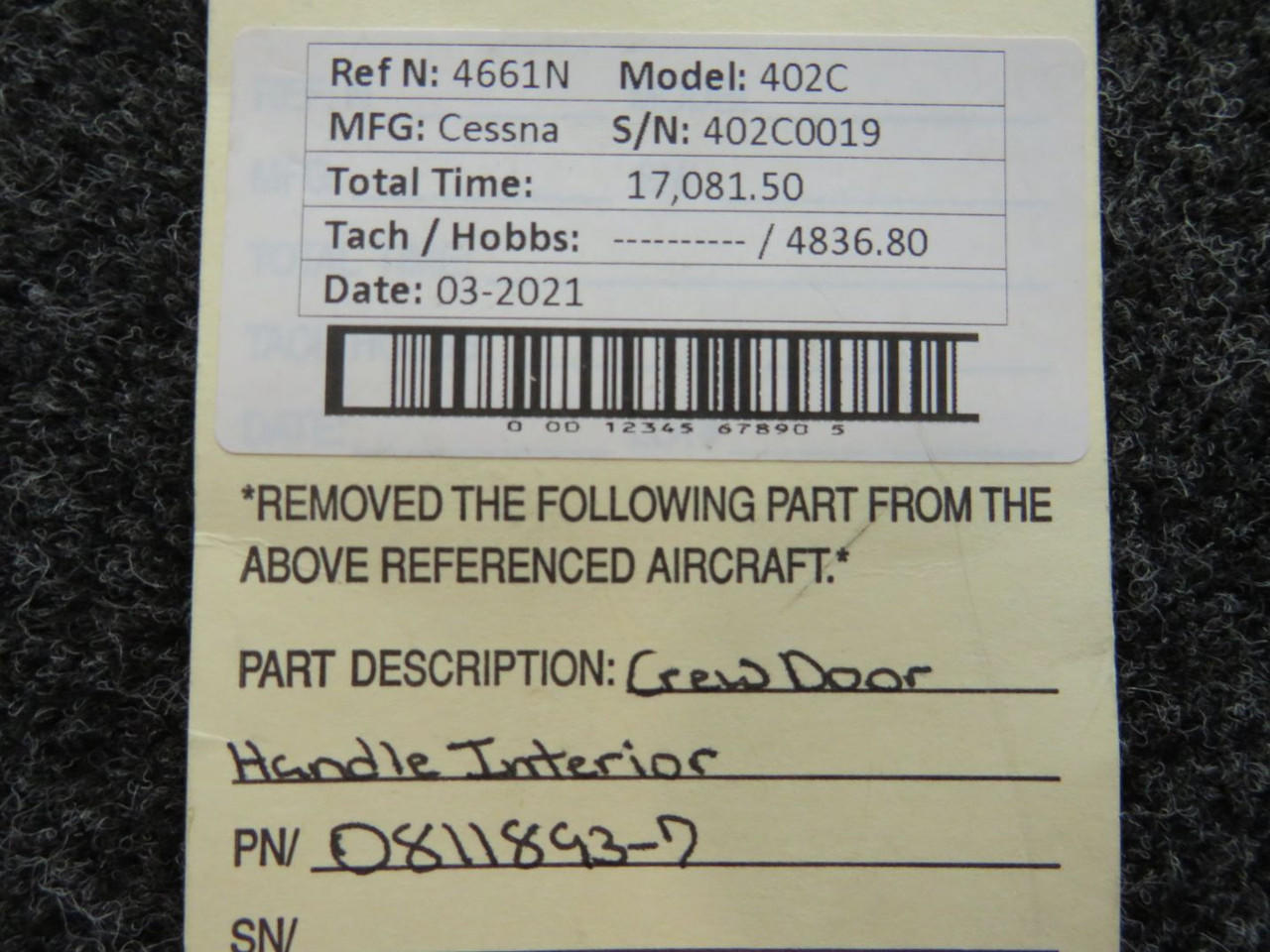 0811893-7 Cessna 402C Crew Door Handle Interior
