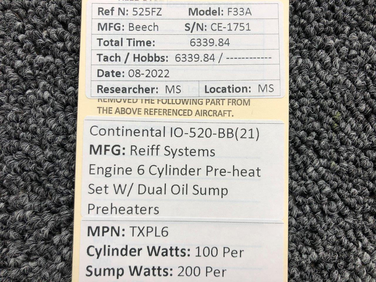 TXPL6 Continental IO520BB(21) Reiff Engine 6 Cylinder PreHeat Set