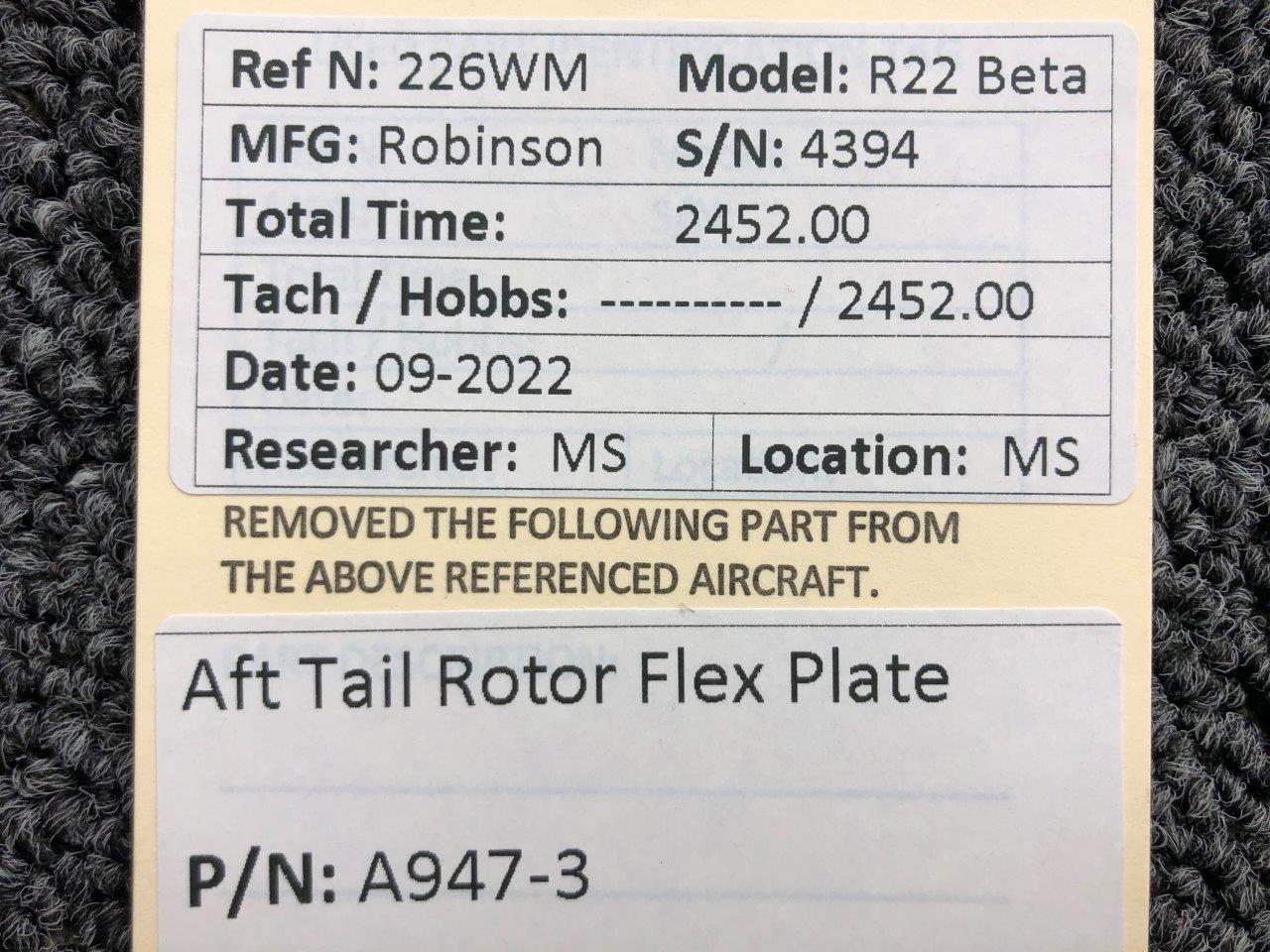 A947-3 Robinson R22 Beta AFT Tail Rotor Flex Plate