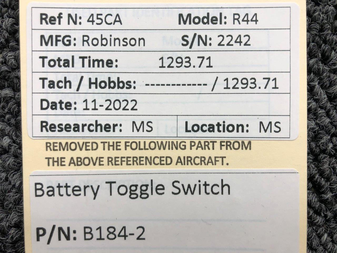 B1842 Robinson R44 Battery Toggle Switch