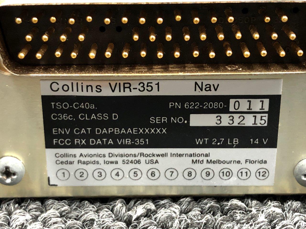 622-2080-011 Collins Avionics VIR-351 Navigational Receiver Radio
