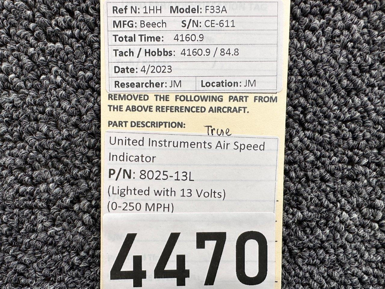 8025-13L United Instruments True Air Speed Indicator- Lighted with