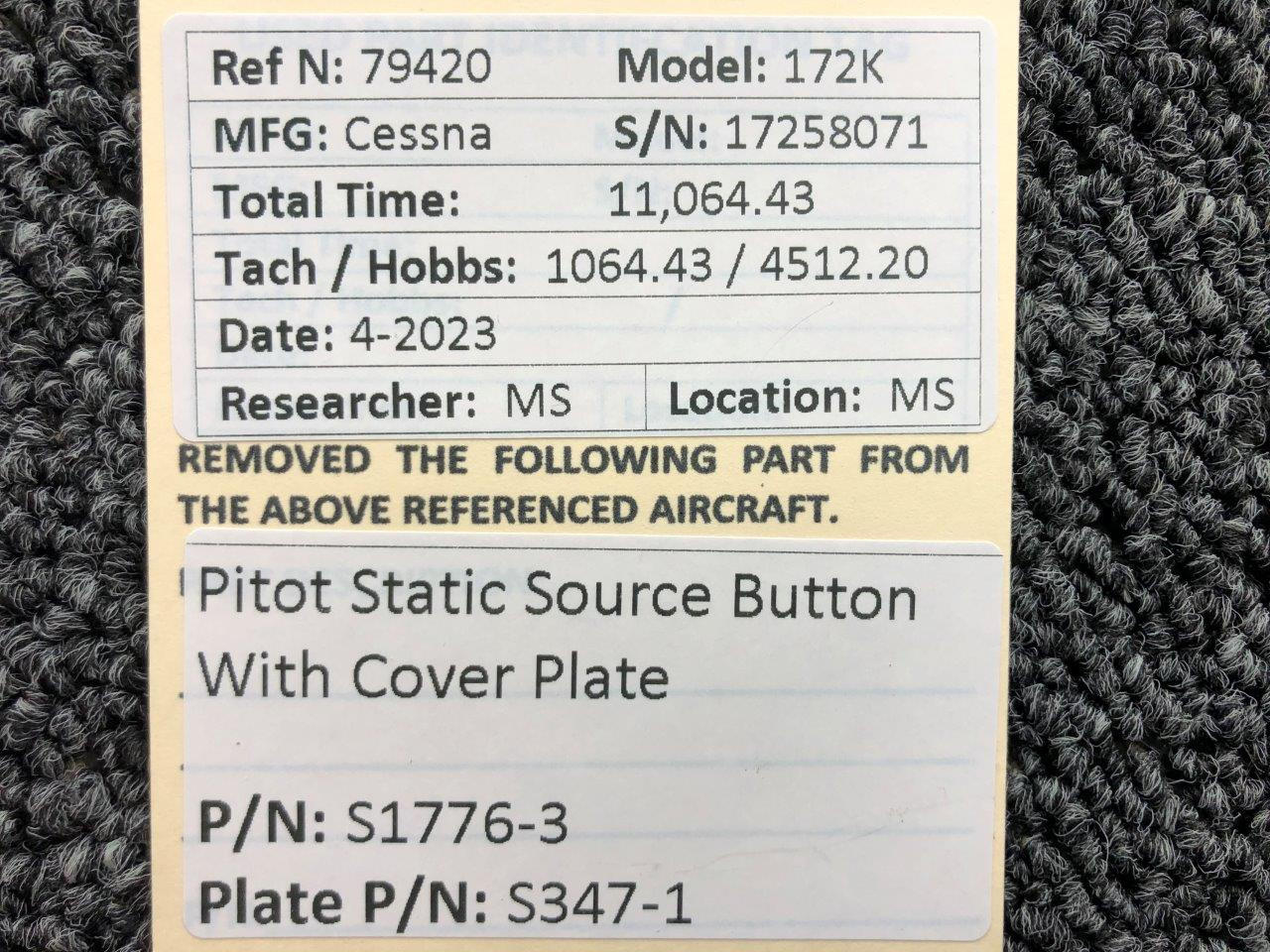 S17763, S3471 Cessna 172K Pitot Static Source Button with Plate