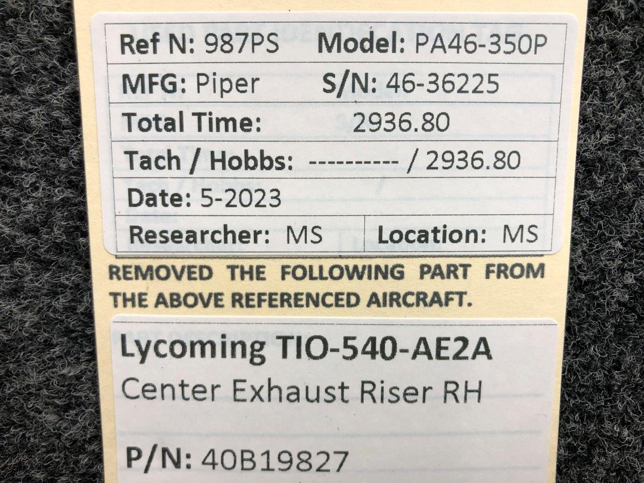 40B19827 TIO540AE2A RH Center Exhaust Riser