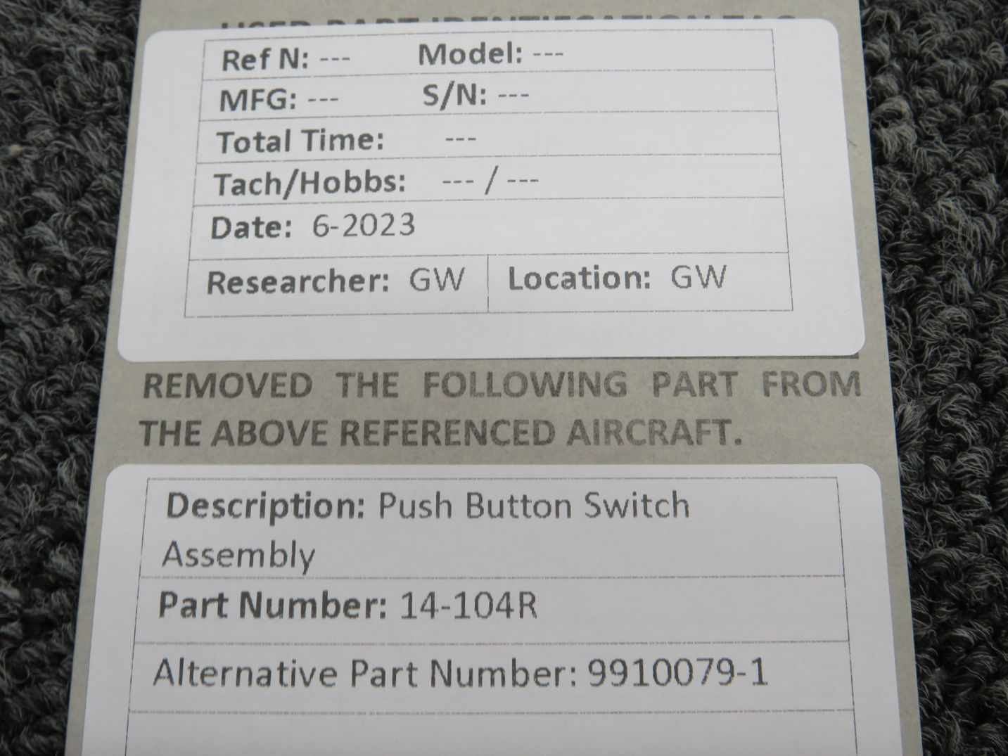 14-104R Alternative Part Number 9910079-1 Push Button Switch Assembly