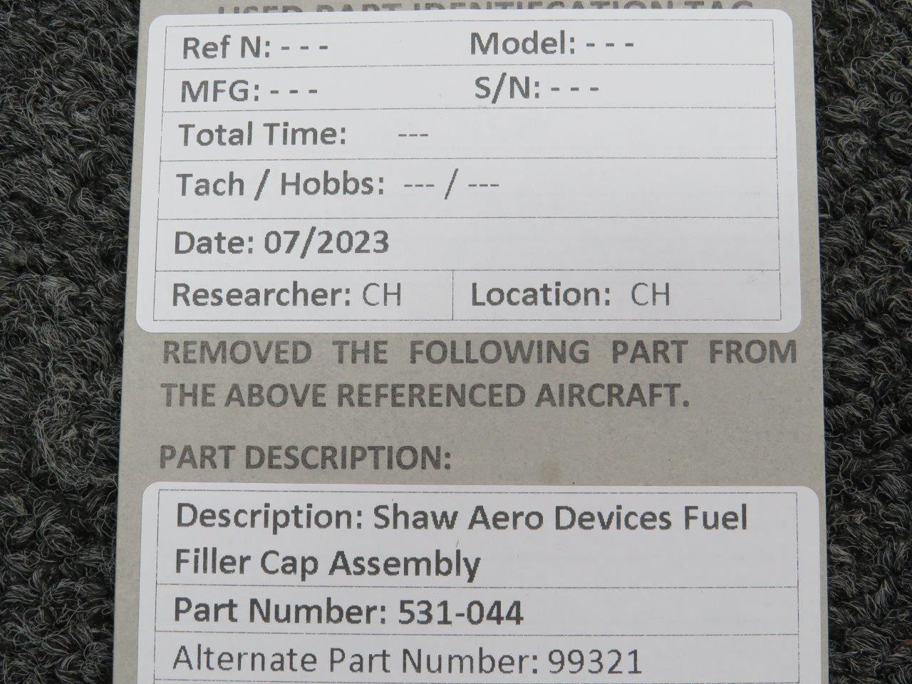 531044 Alternative Part Number 99321 Shaw Aero Devices Fuel Cap, Fuel