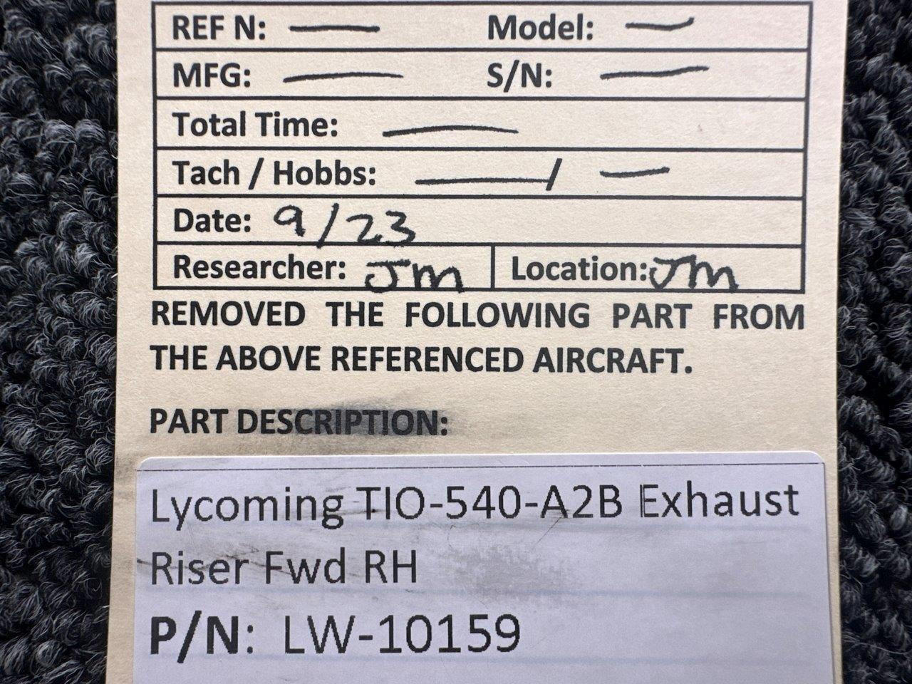 LW10159 TIO540A2B Exhaust Riser Forward RH