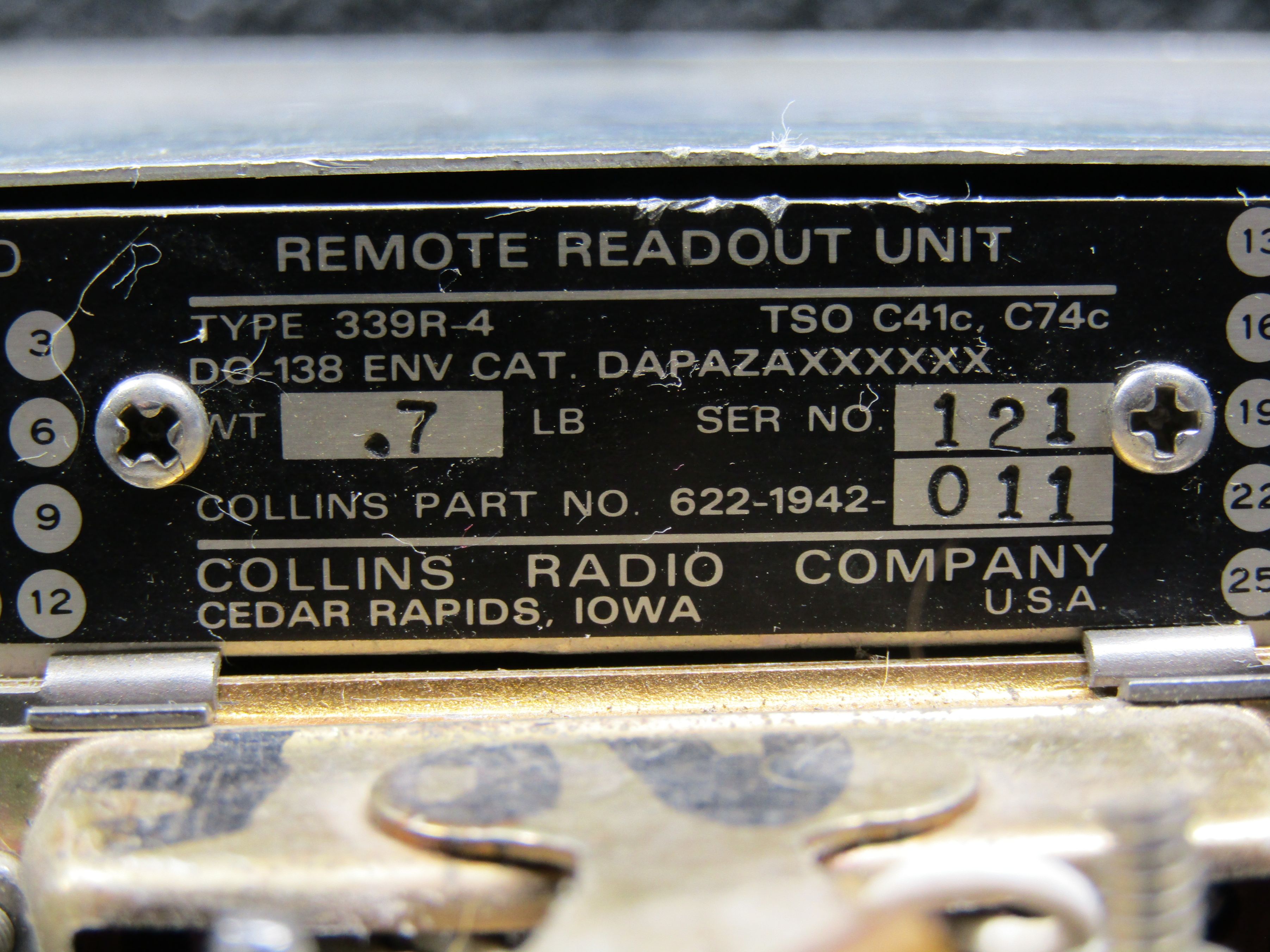 622-1942-011 Collins 339R-4 ADF Remote Readout And XPDR Placards