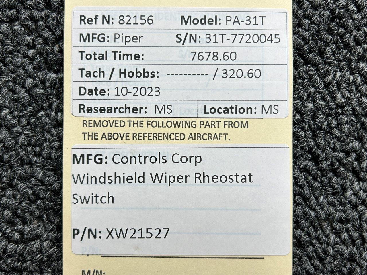 XW21527 Controls Corp Windshield Wiper Rheostat Switch (No Knob)