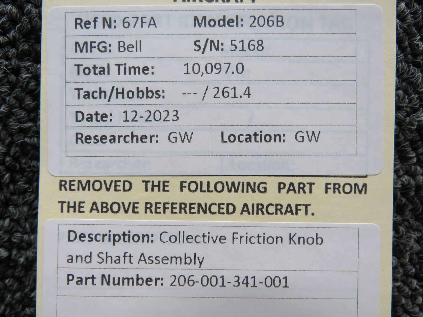 206-001-341-001 Bell 206B Collective Friction Knob and Shaft