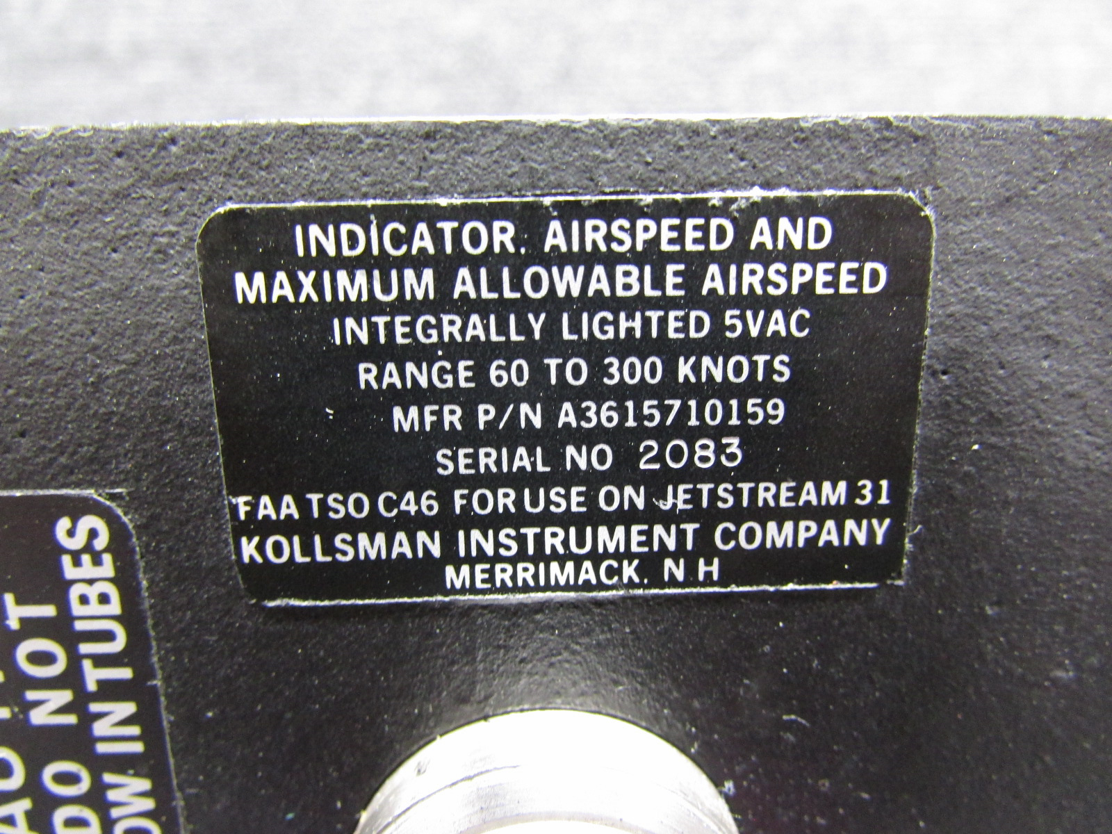 A3615710160 Kollsman Airspeed and Max Allowable Airspeed Indicator