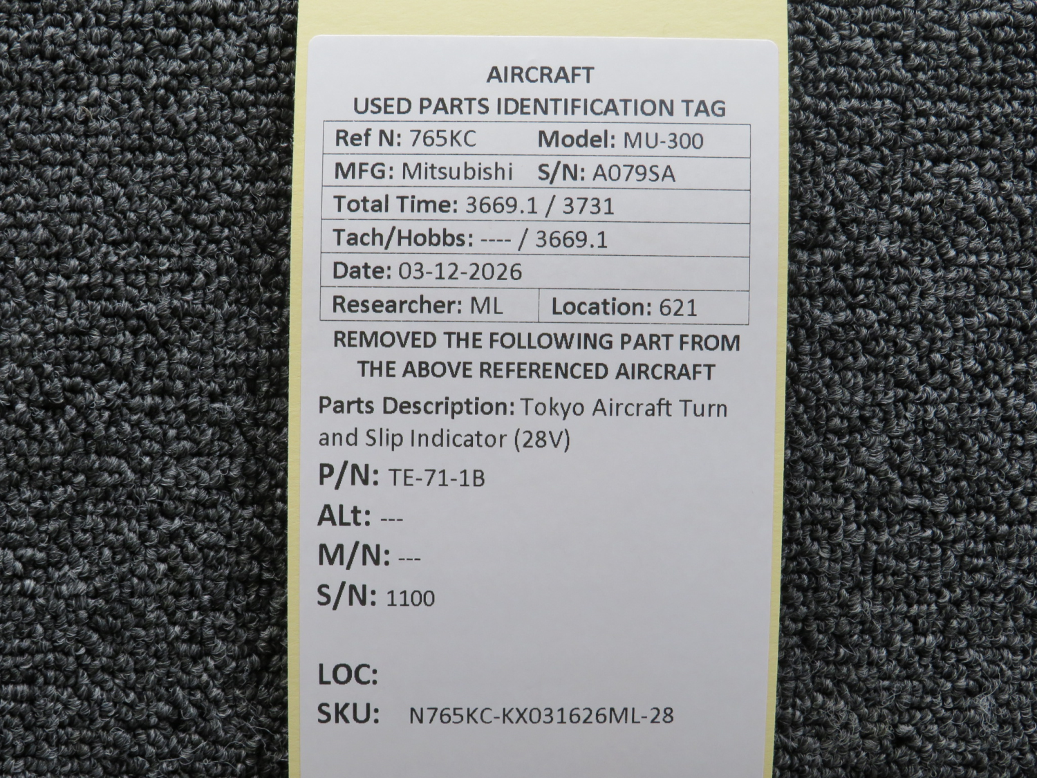 TE-71-1B Tokyo Aircraft Turn and Slip Indicator (28Volts)