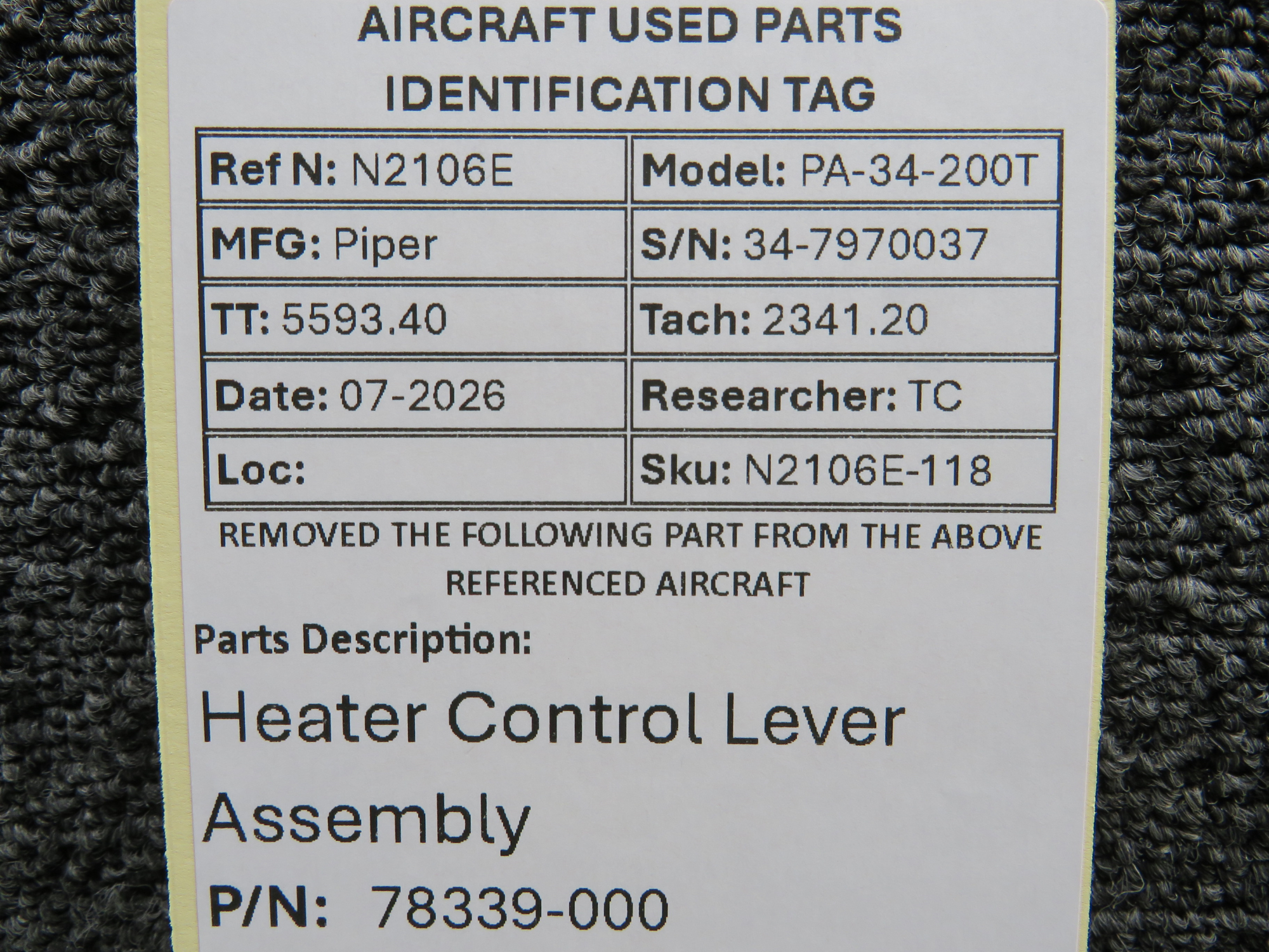 78339-000 Piper PA34-200T Heater Control Lever Assembly For Sale
