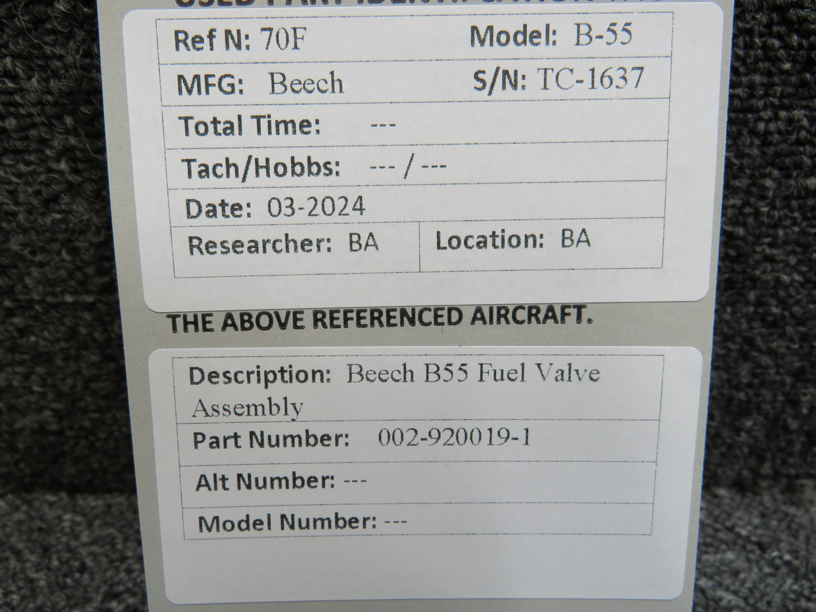 002-920019-1 Beechcraft B55 Fuel Valve Assembly For Sale