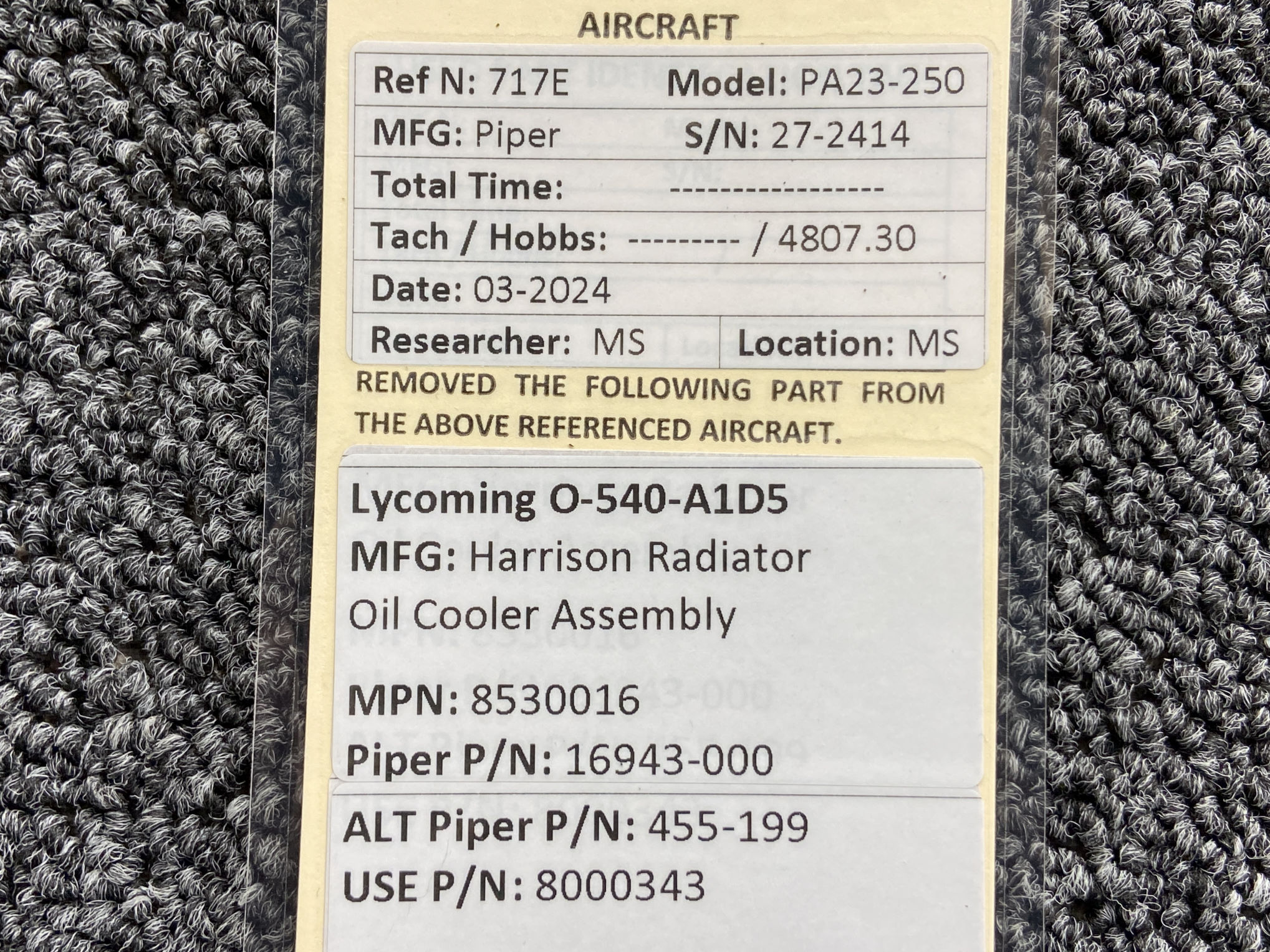 8530016 (Use PN: 8000343) Lycoming O-540-A1D5 Harrison Radiator