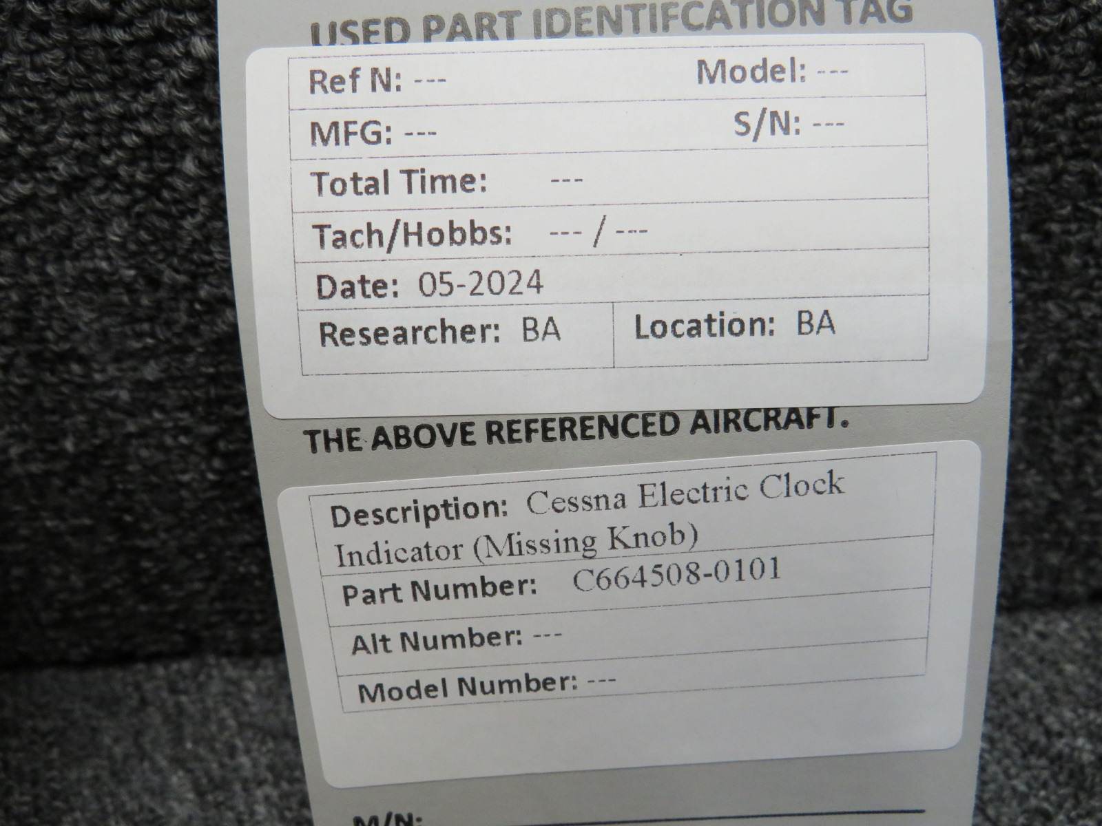C664508-0101 Cessna Electric Clock Indicator (Minus Knob)