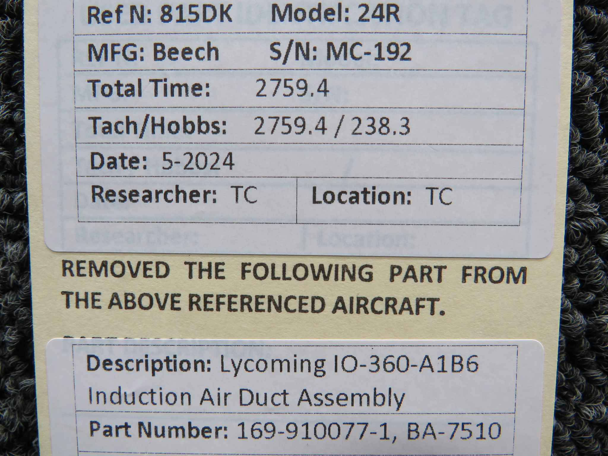 169-910077-1 and BA-7510 Lycoming IO-360-A1B6 Induction Air Duct
