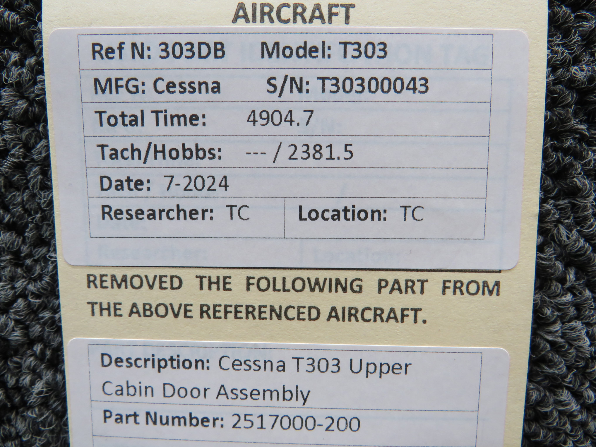 2517000-200 Cessna T303 Upper Cabin Door Assembly For Sale