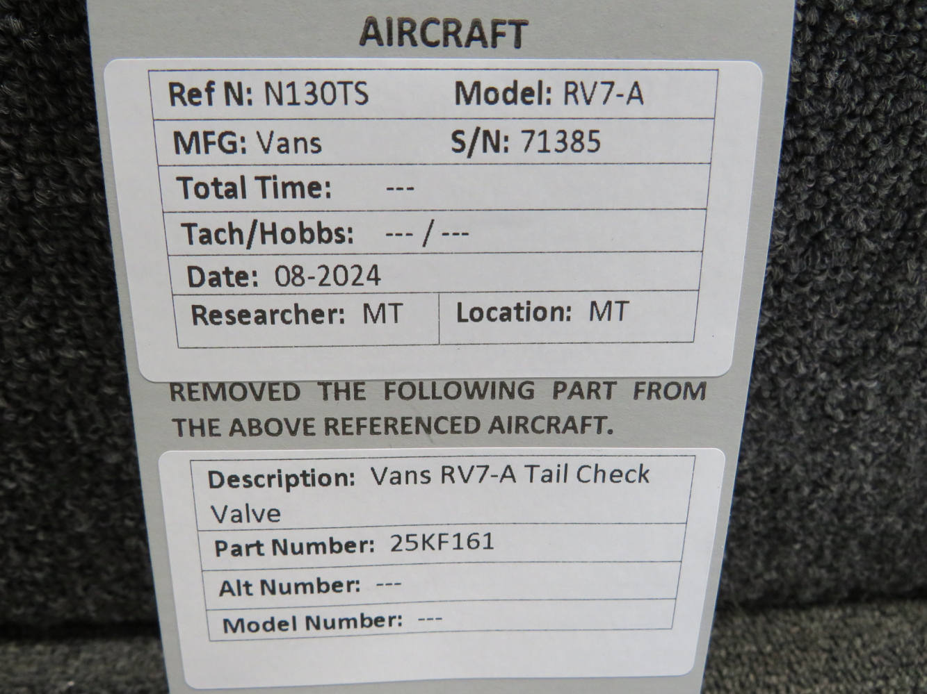 25KF161 Vans RV7-A Tail Check Valve Unit