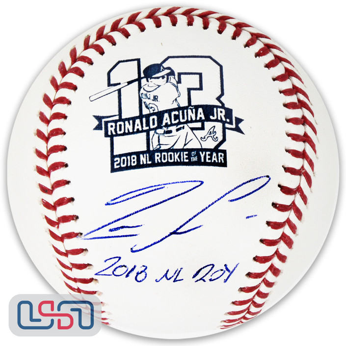 Ronald Acuna Jr. Braves Signed Autographed "2018 NL ROY" Logo Baseball JSA Auth