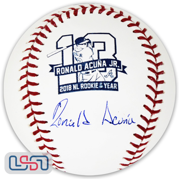 Ronald Acuna Jr. Braves Autographed Full Name 2018 NL ROY Logo Baseball JSA Auth