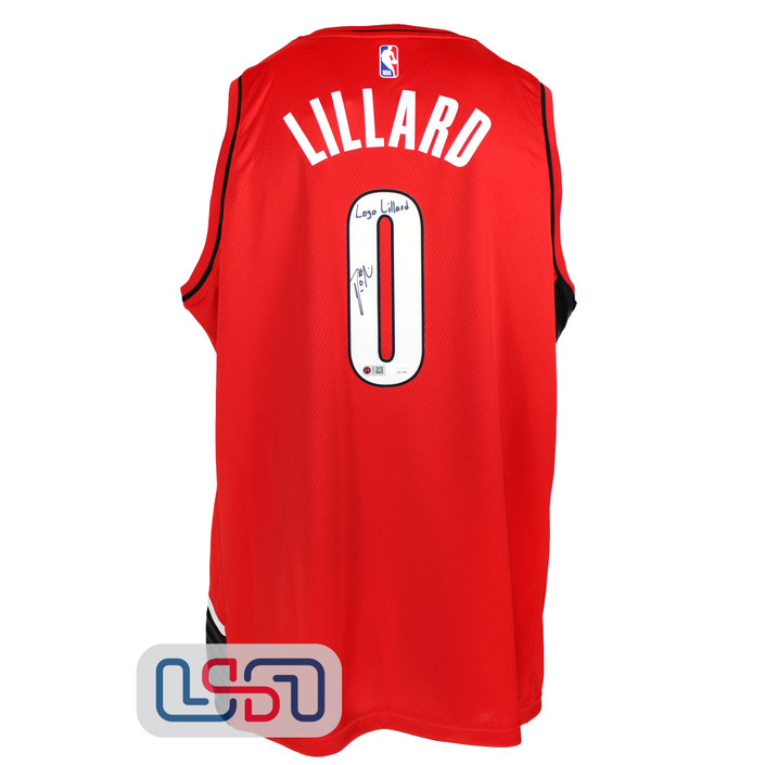 Damian Lillard Signed "Logo Lillard" Blazers Red Swingman Jordan Jersey JSA Auth
