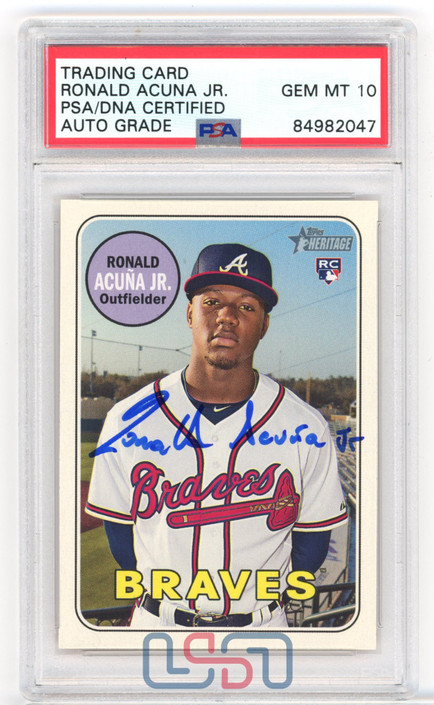 Ronald Acuna Jr. Braves Signed Printed 2018 Topps Heritage #580 PSA/DNA 10 Auto