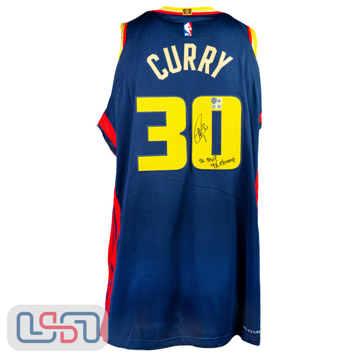 Stephen Curry Signed "2x MVP, 4x Champ" Navy Nike Authentic Jersey USA SM BAS
