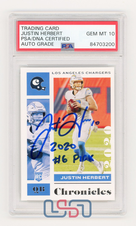 Justin Herbert Chargers Signed "#6 Pick" 2020 Panini Chronicles #53 PSA/DNA 10