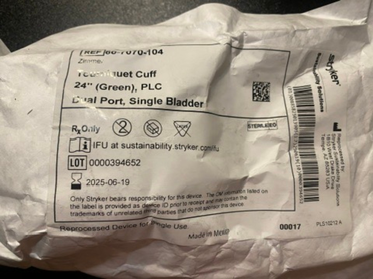label photo of Zimmer 60-7070-104 Disposable Tourniquet Cuff, Dual Port, 24", Green
