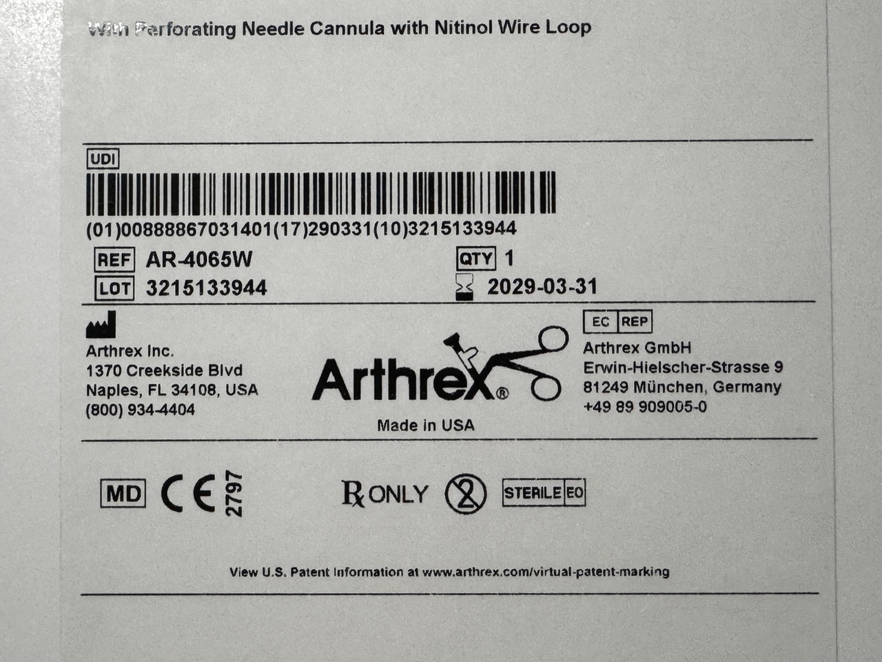 Label photo of Arthrex AR-4065W SutureLasso, 45° with Wire Loop