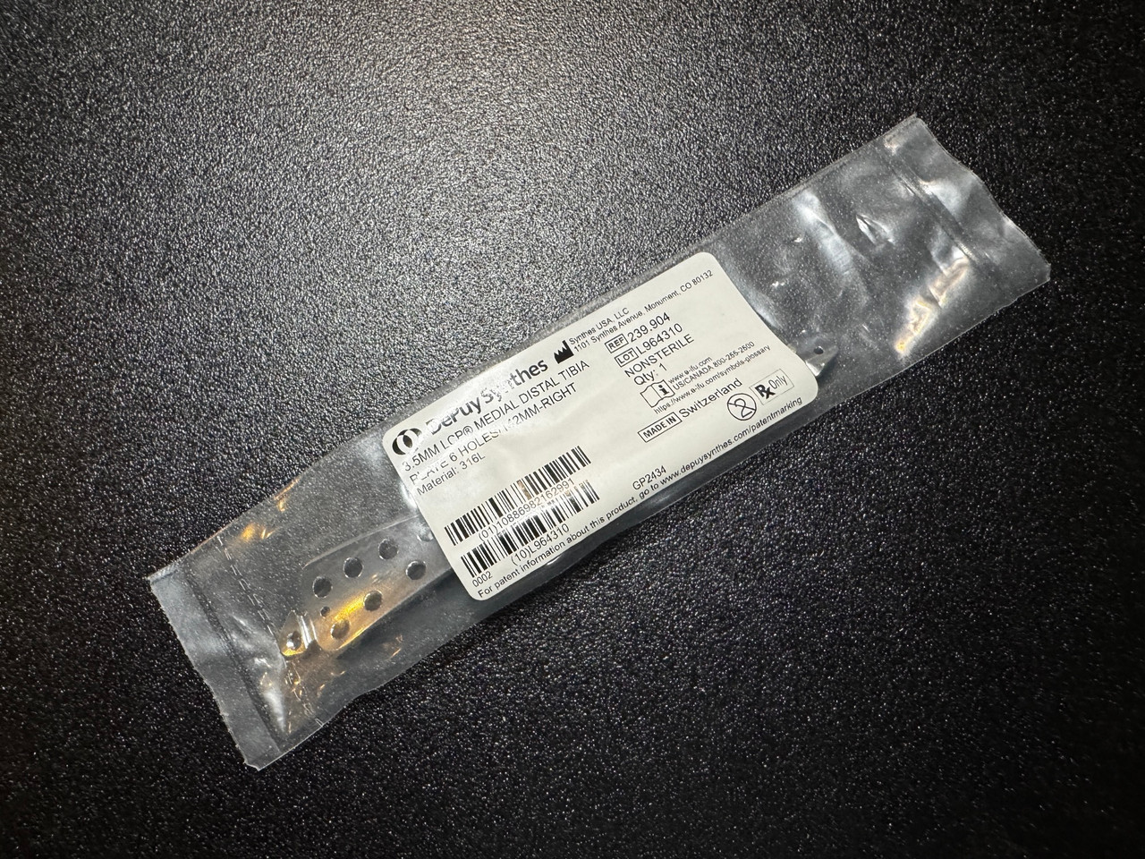 Photo of Synthes 239.904 3.5mm LCP Medial Distal Tibia Plate, 6H, Right, 142mm