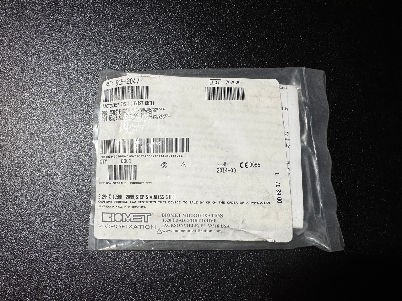 Label photo of Biomet 915-2047 Lactosorb Twist Drill 2.2mm X 105mm