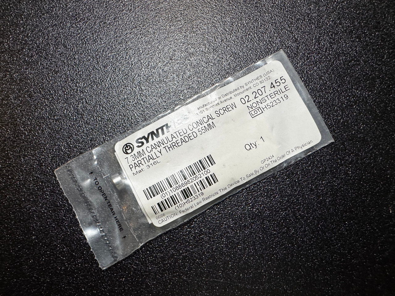 Photo of Synthes 02.207.455 7.3mm Cannulated Conical Screw Partially Threaded 55mm