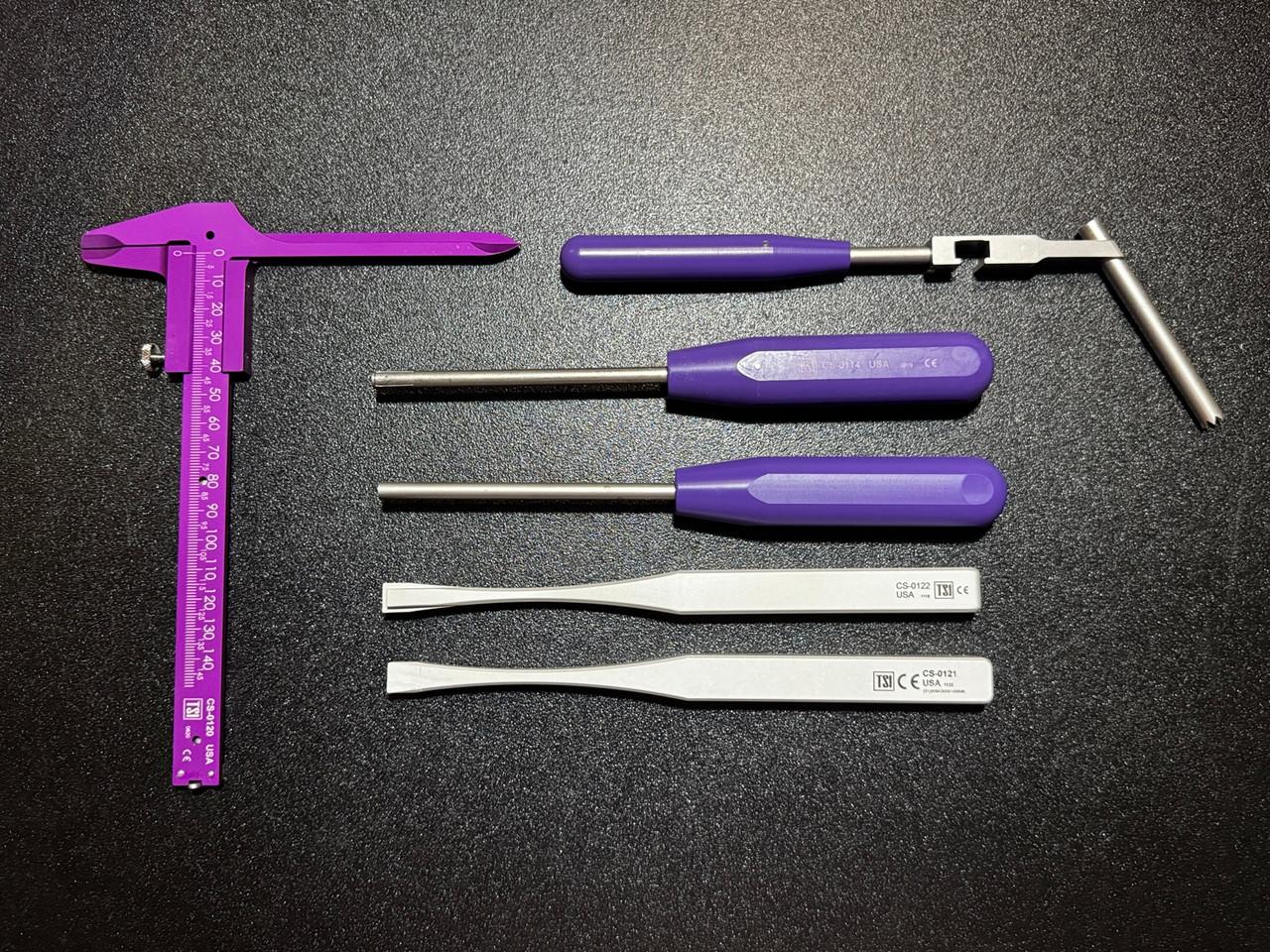 Caliber and instruments photo of Tedan TSI CS-1400 Phantom TL Conical Anterior Cervical Retractor Set