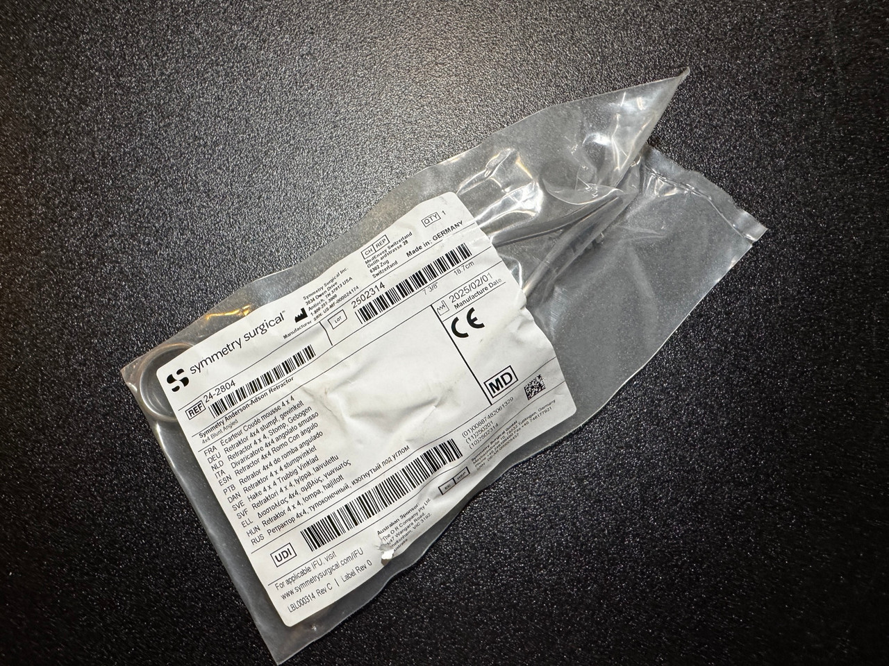Package photo of Symmetry 24-2804 Anderson-Adson Retractor, Blunt, 4 X 4 (New)