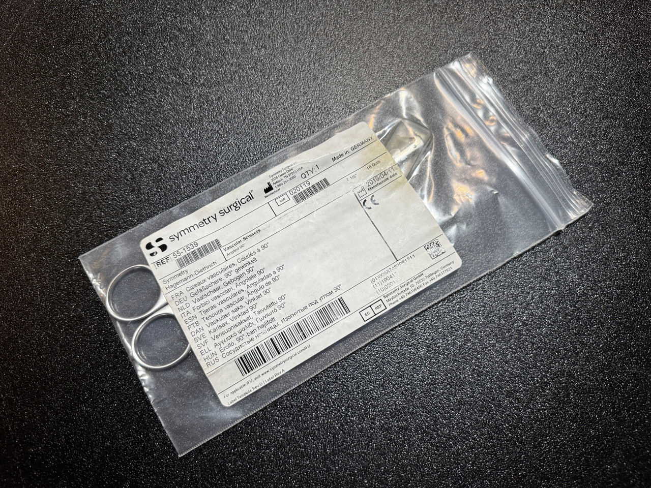 Package photo of Symmetry 55-1539 Hagemann-Diethrich Vascular Scissors, ANG 90°, 7" (New)