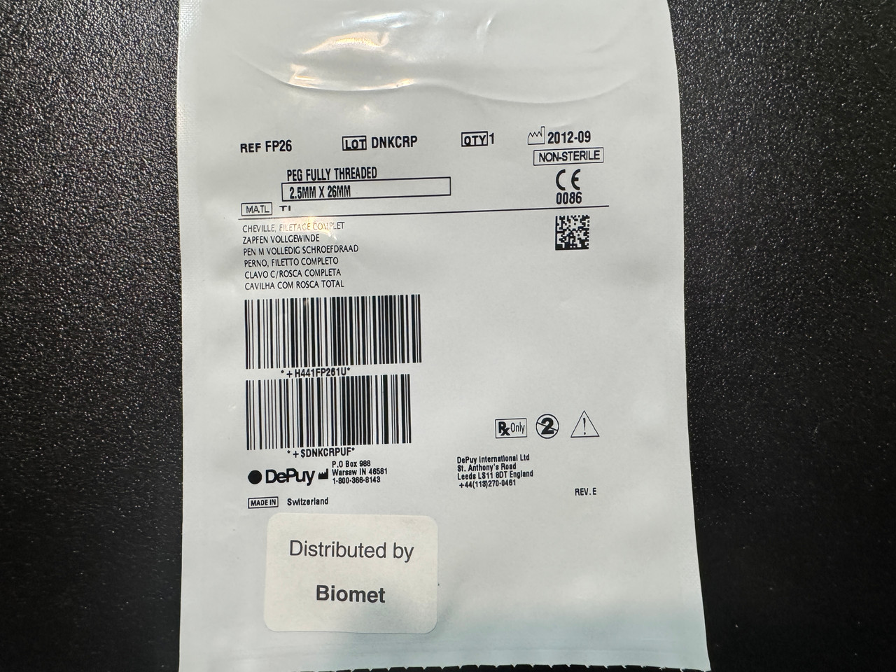 Label photo of Biomet Depuy FP26 Peg Fully Threaded, 2.5mm X 26mm