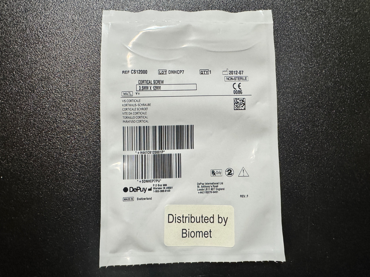 Screw photo of Depuy Biomet CS12000 DVR Cortical Screw, 3.5mm X 12mm