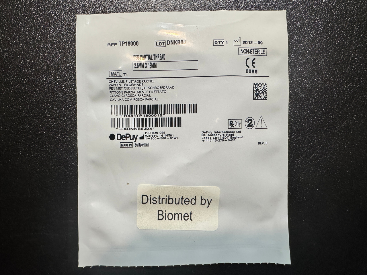Photo of Depuy TP18000 Peg Partial Thread, 2.5mm X 18mm