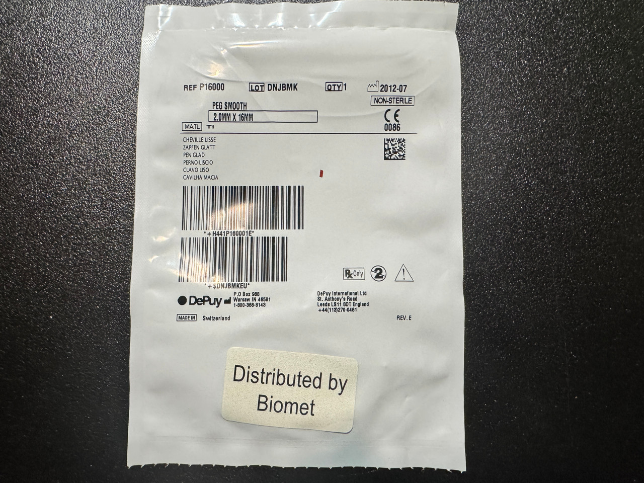 Label photo of Depuy P16000 Peg Smooth, 2mm X 16mm
