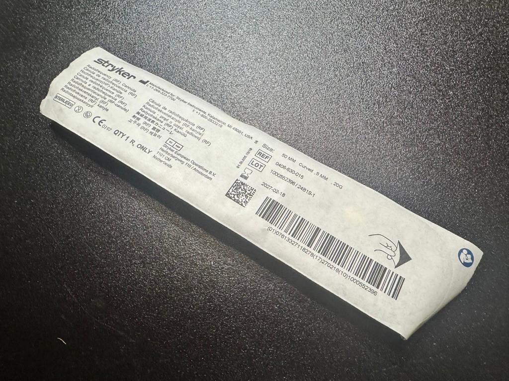 Back photo of Stryker 0406-630-015 Venom RF Cannula, CVD, 50mm 20GA