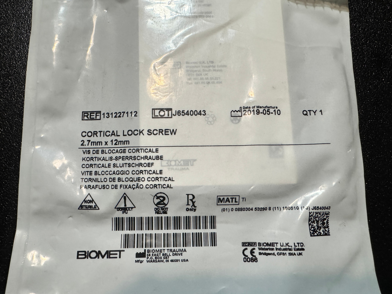 Label photo of Biomet 131227112 Cortical Lock Screw 2.7mm X 12mm