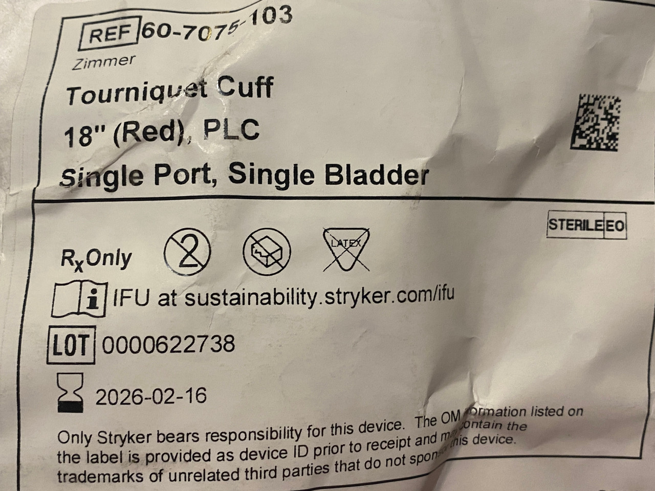 Label photo of Zimmer 60-7075-103 Disposable Tourniquet Cuff, Single Bladder and Port, 18" Red