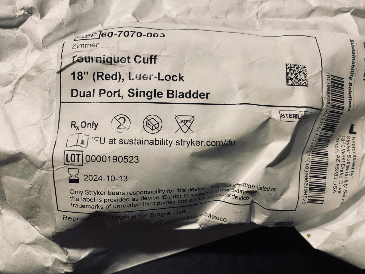 Zimmer 60-7070-003 Disposable Tourniquet Cuff, Dual Port, 18