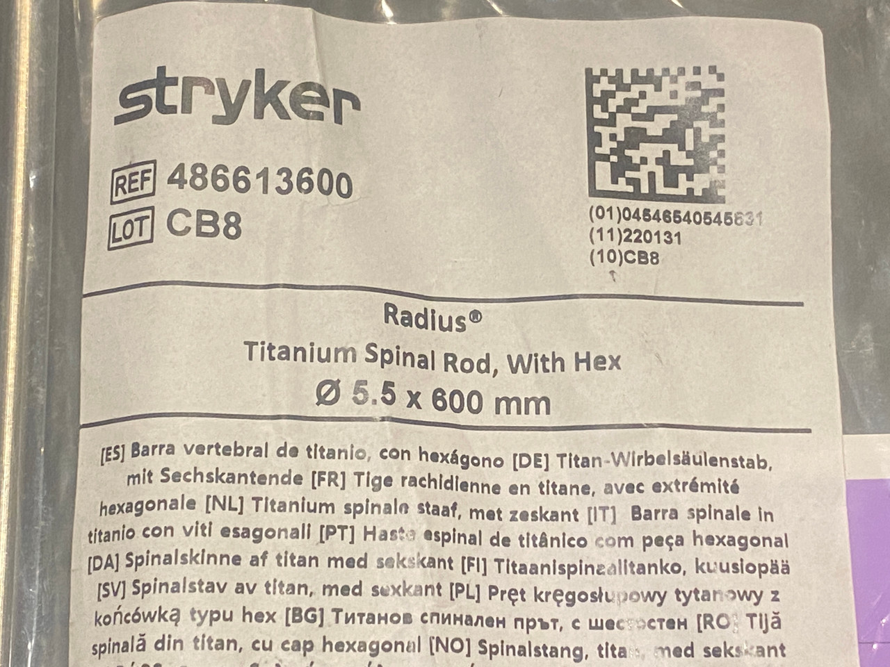 Label photo of Stryker 486613600 Radius Titanium Spinal Rod with Hex, 600mm